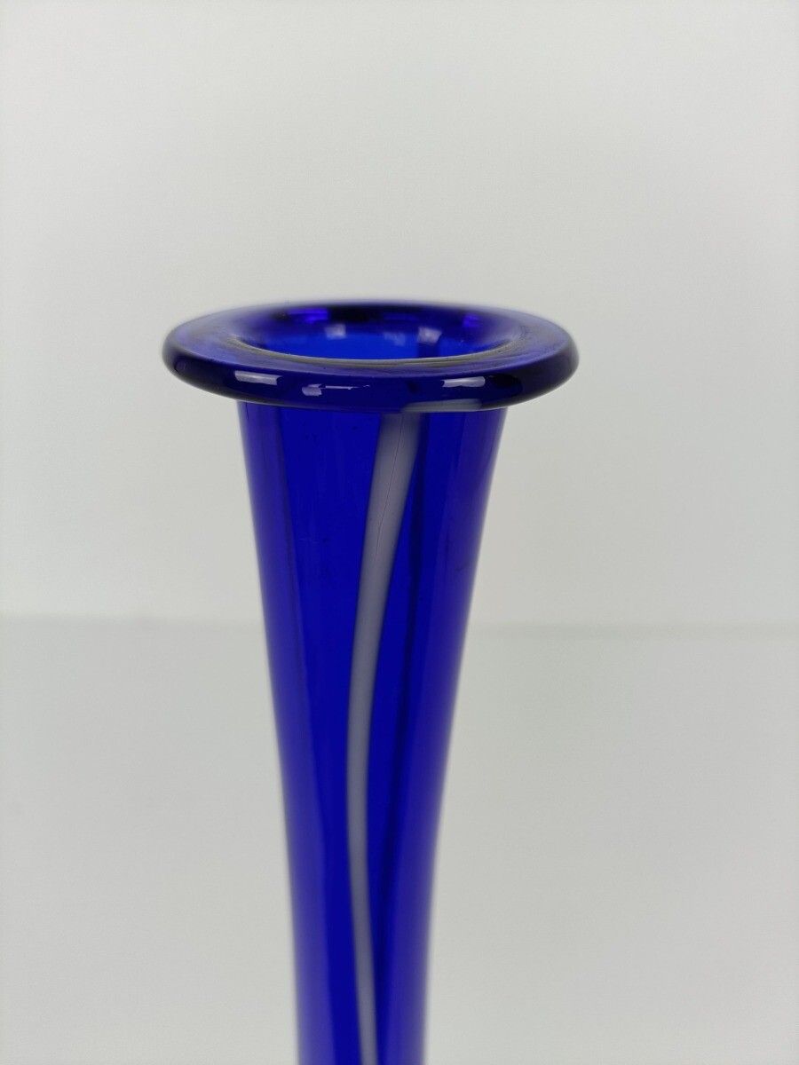 Vintage Retro Art Glass Genie Bottle Vase Cobalt Blue White Lines Extremely Htf photo vintage