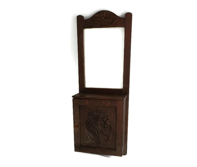 Large Medicine Apothecary Cabinet Hand Carved Wood Beveled Glass Farmhouse Style