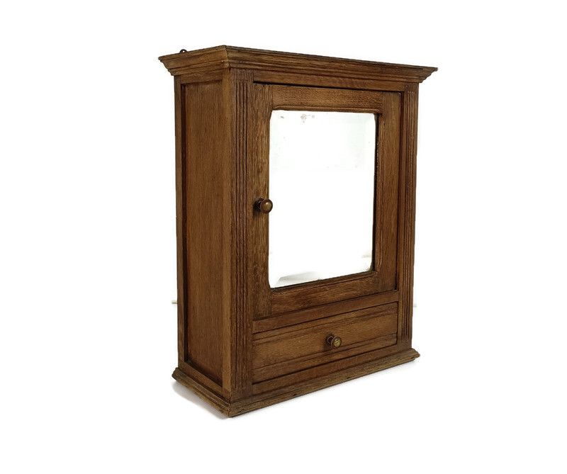 Medicine Cabinet Apothecary Bathroom Shaving  Antique Carved Wood Beveled Glass