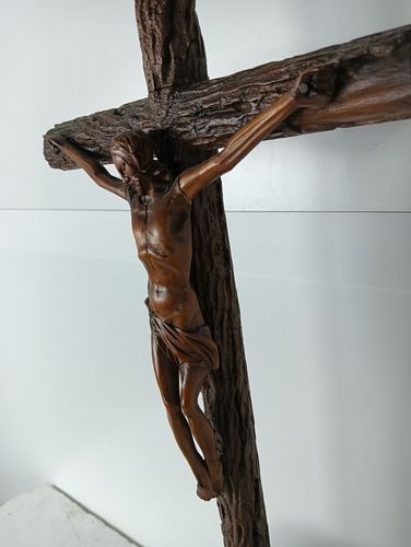 Antique 19th Century Standing Large Carved Wooden Gothic Crucifix Cross Jesus Ch photo for sale