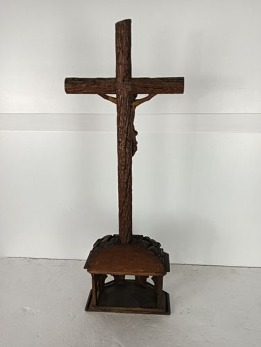 Antique 19th Century Standing Large Carved Wooden Gothic Crucifix Cross Jesus Ch photo vintage