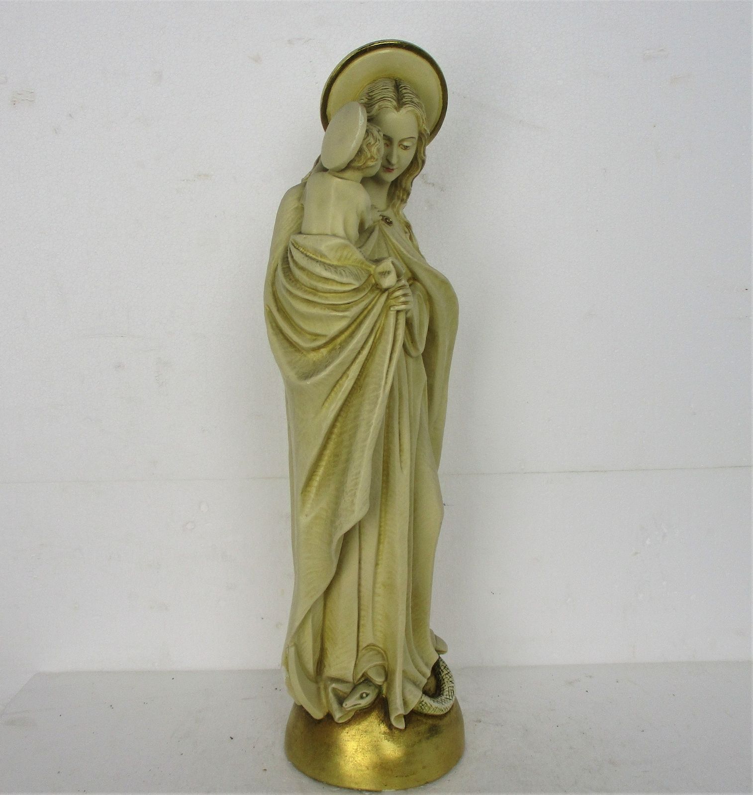 Large Statue Virgin Mary Madonna Infant Treading On Snake Plaster Gold Colored H photo Art