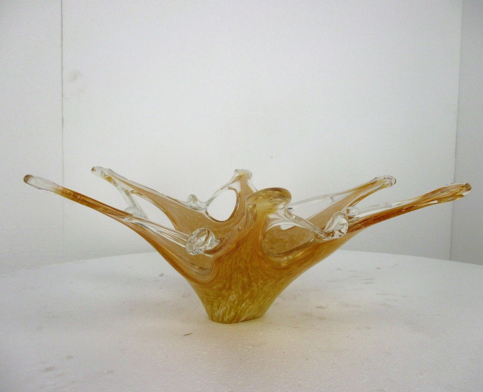 Large  Italian Art Glass Amber Yellow Star Bowl Dish Centerpiece Murano Basket photo furniture