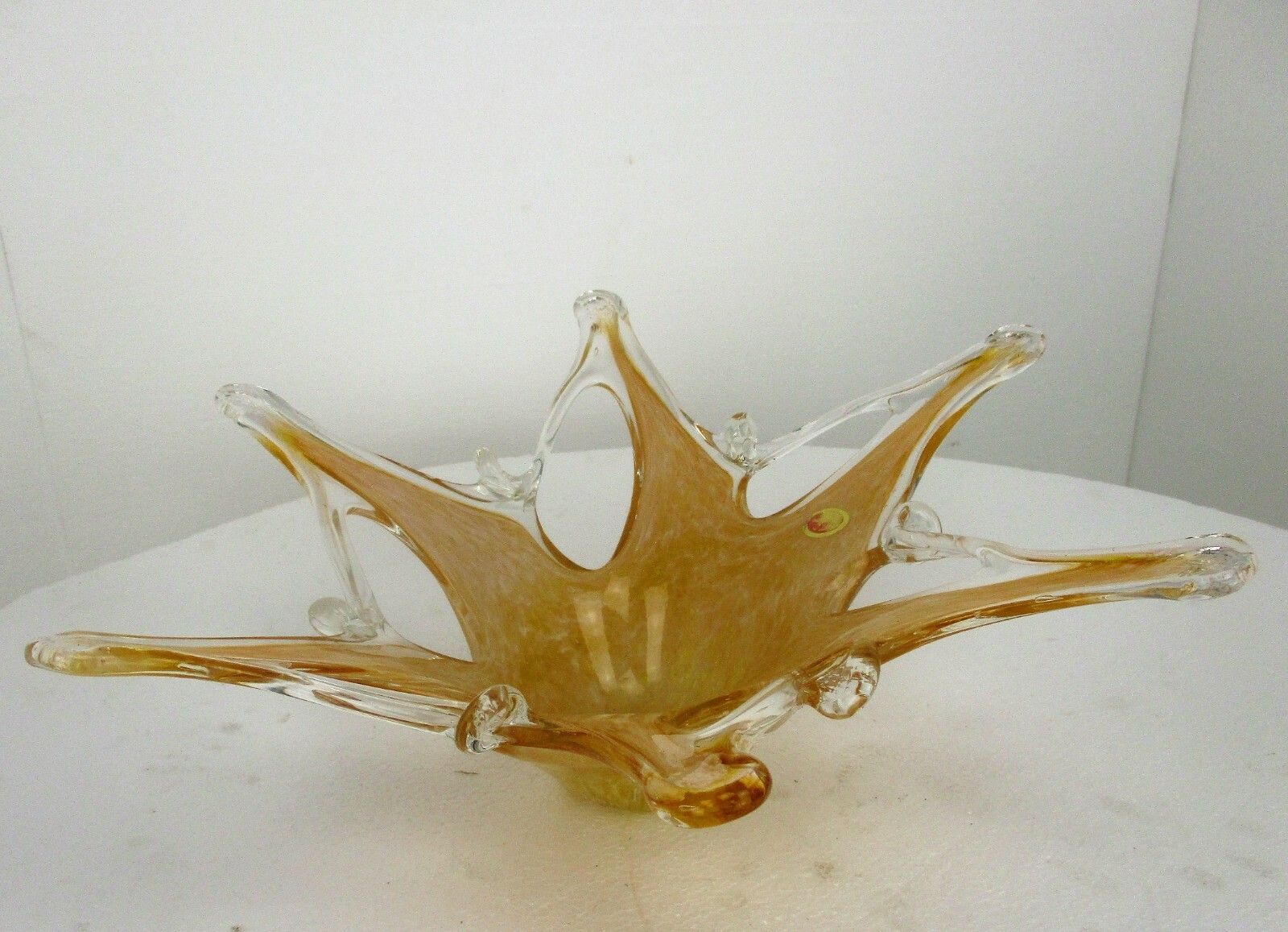 Large  Italian Art Glass Amber Yellow Star Bowl Dish Centerpiece Murano Basket photo for sale