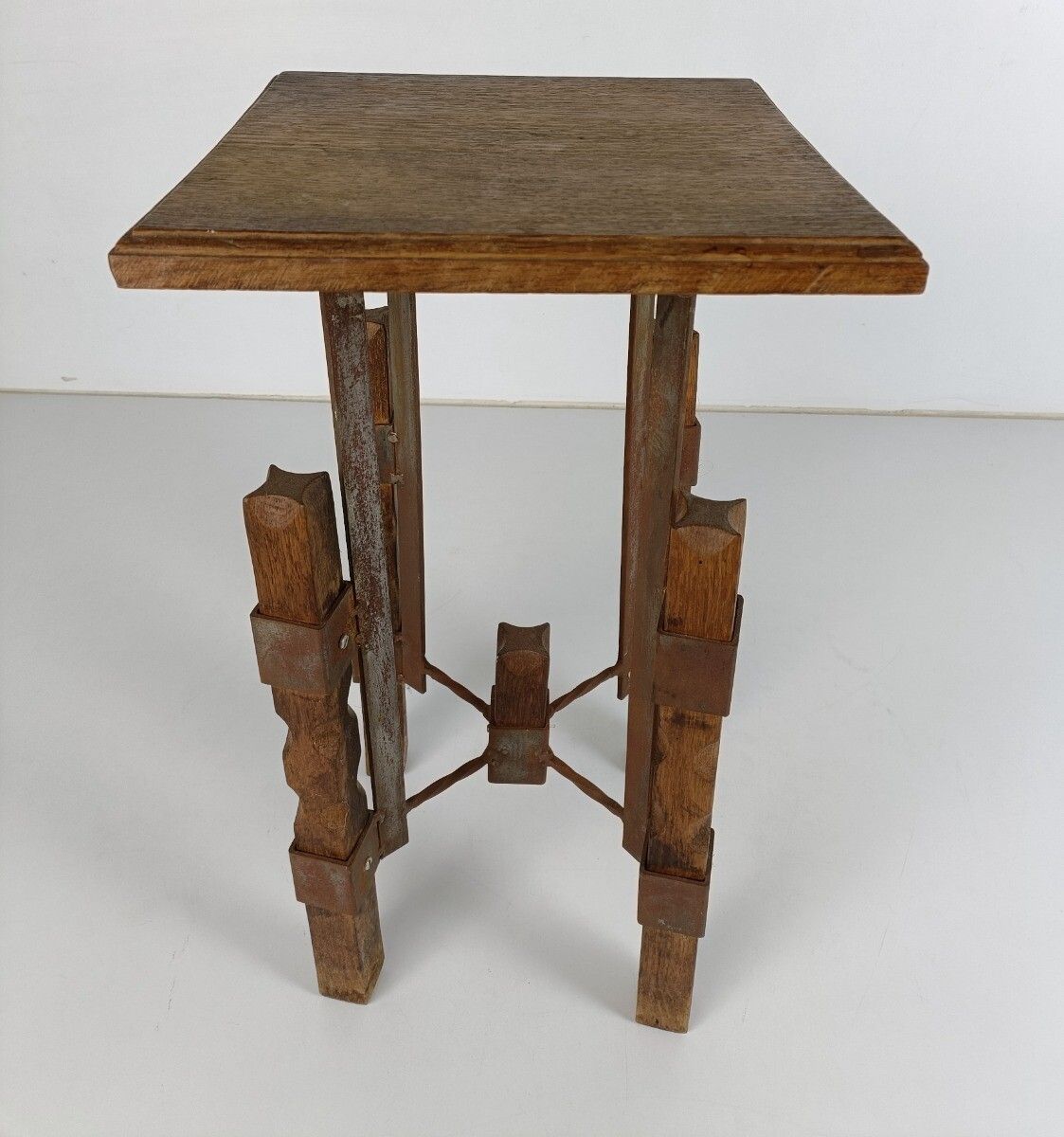 Industrial Steampunk Rustic Pedestal Plant Stand Side Table Wood Iron Funky Vint photo for sale