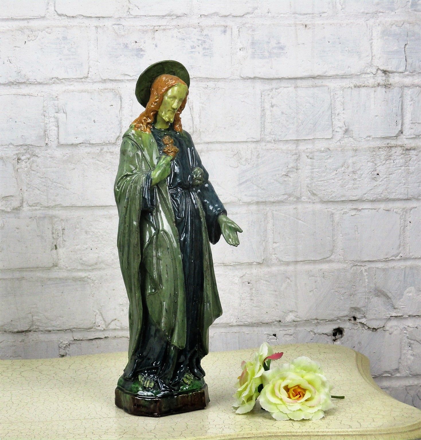 Large Statue Flanders Flemish Pottery Holy Heart Jesus Christ Majolica 15.35" photo for sale