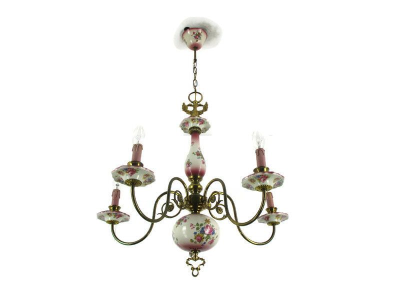 Flemish Dutch  Chandelier  5 Arms Lights Ceramic Porcelain Brass Italian Style