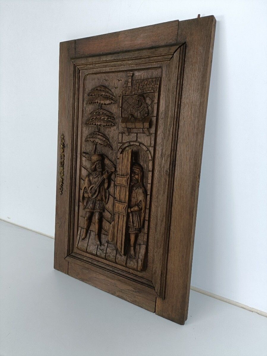 Hand Carved Wood Pediment  Troubadour Serenade  Architectural Reclaimed Salvage photo for sale