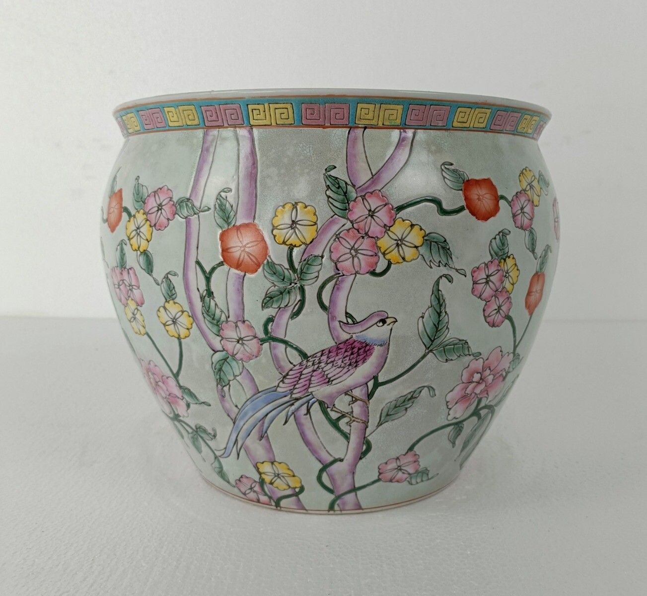 Gorgeous Chinese Porcelain  Bird Of Paradise Koi  Bowl Planter Vase Birds Flower photo for sale