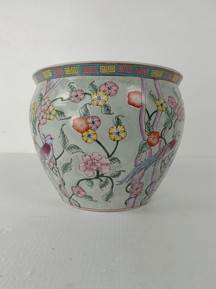 Gorgeous Chinese Porcelain  Bird Of Paradise Koi  Bowl Planter Vase Birds Flower photo 202.0
