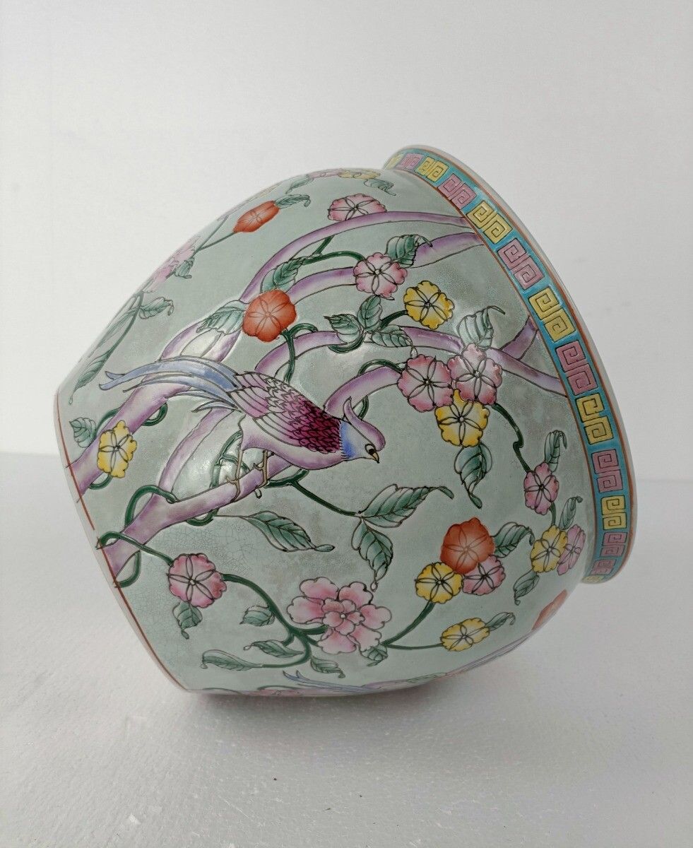 Gorgeous Chinese Porcelain  Bird Of Paradise Koi  Bowl Planter Vase Birds Flower photo vinterior