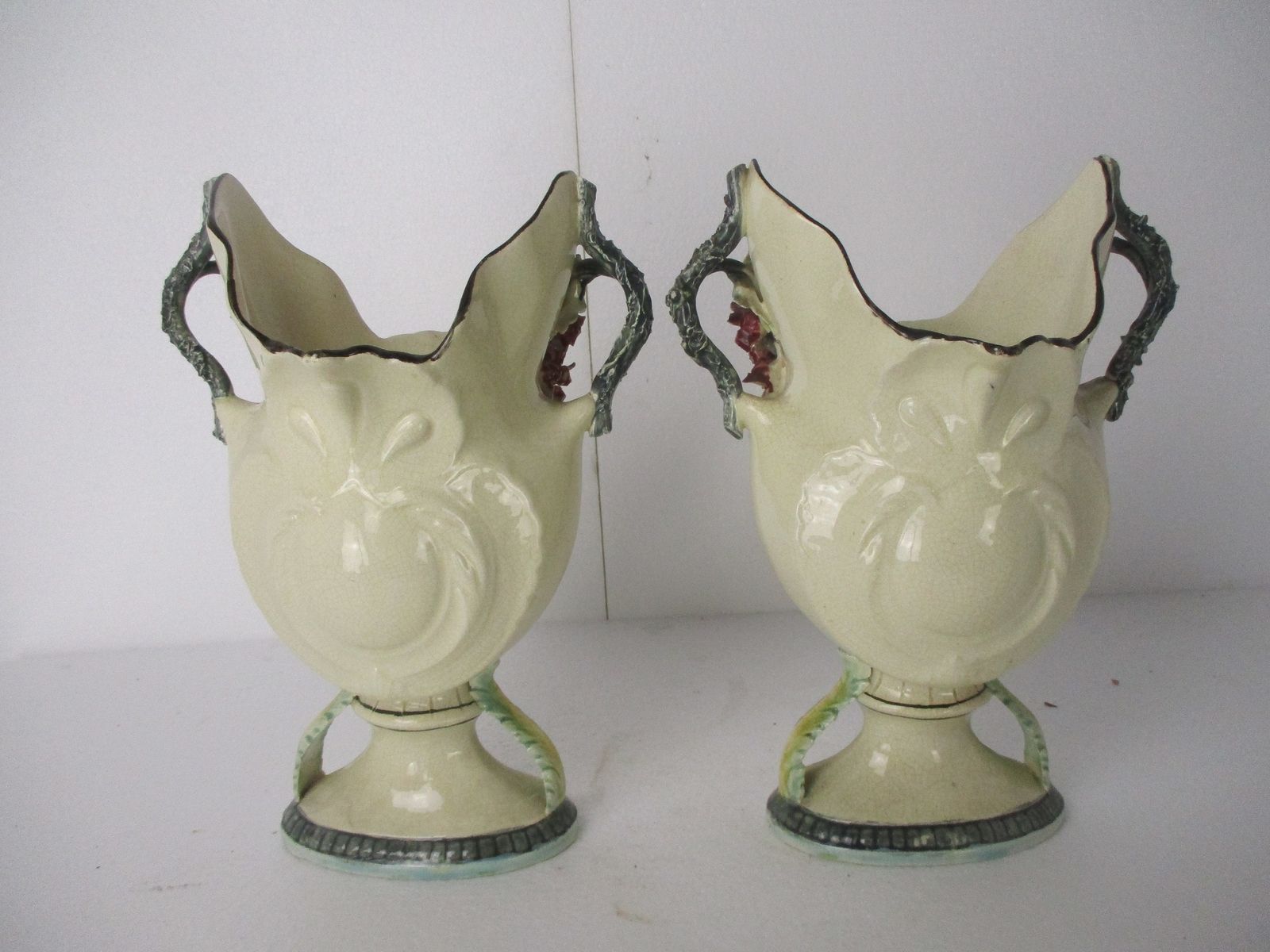 Set Of 2 Pair French Barbotine Majolica Vases Planters Centerpiece Gorgeous Flow photo buy