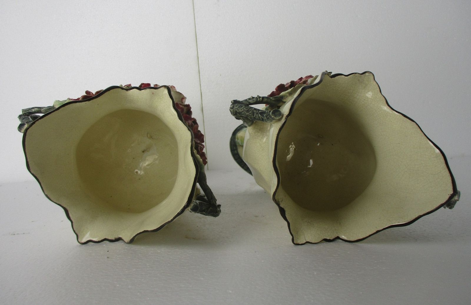 Set Of 2 Pair French Barbotine Majolica Vases Planters Centerpiece Gorgeous Flow photo vintage