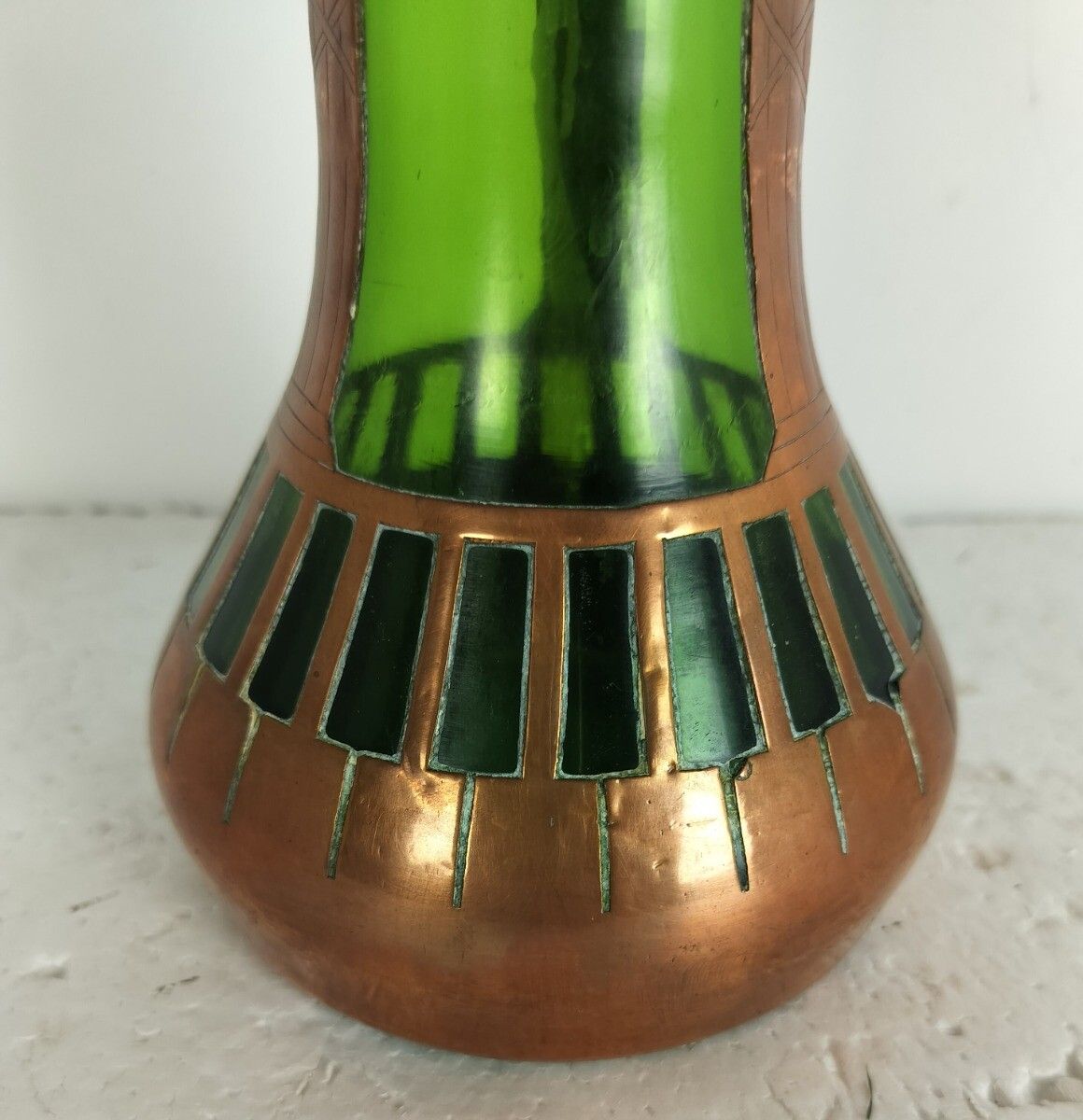 Emerald Green Vintage Bohemian Vase With Copper Overlay Art Deco Antique photo Home Decor