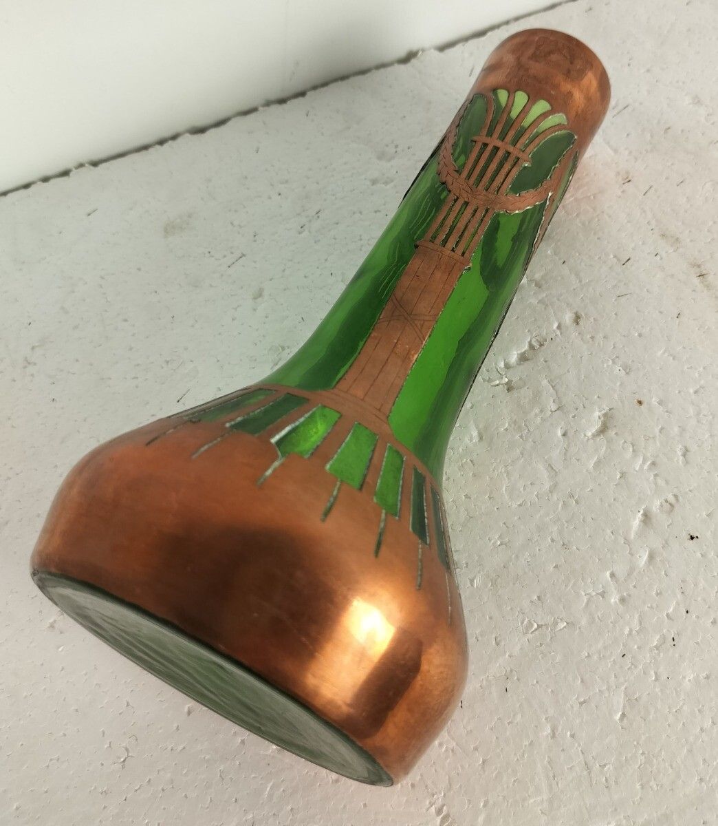 Emerald Green Vintage Bohemian Vase With Copper Overlay Art Deco Antique photo 485.0