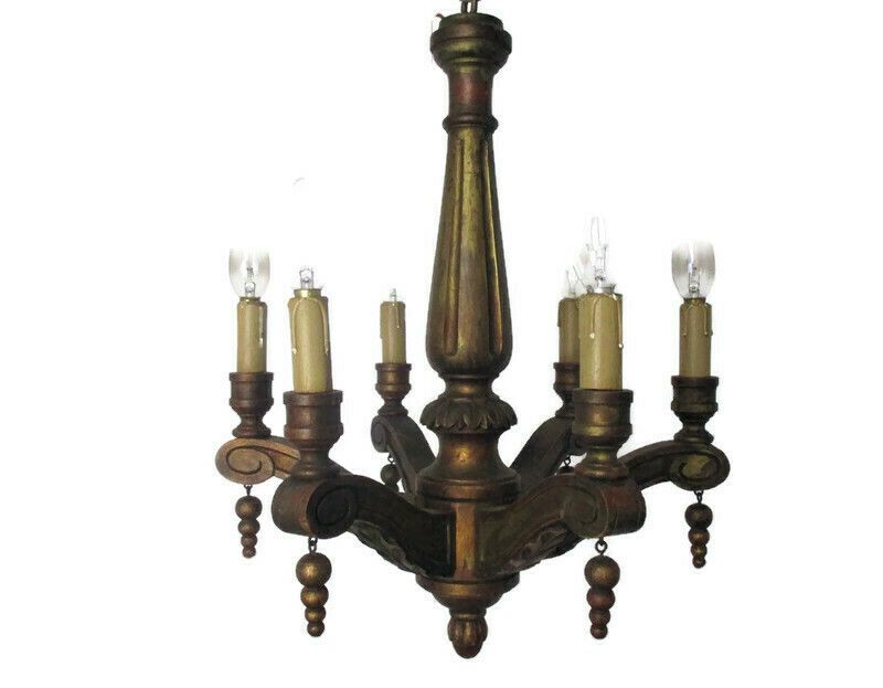 Small Hand Carved Wooden Chandelier Ornate 6 Arm Country Farmhouse Barn Style