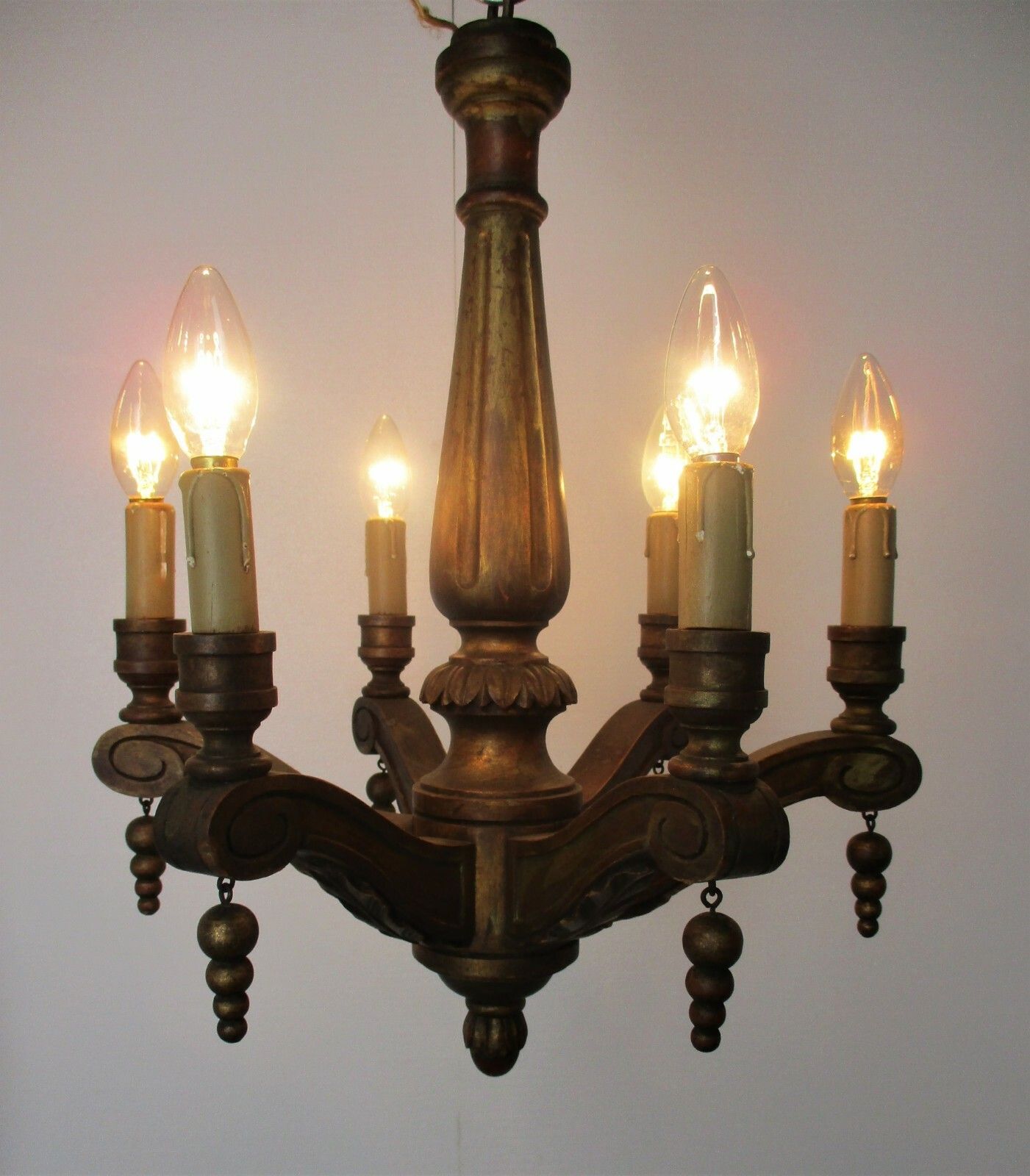 Small Hand Carved Wooden Chandelier Ornate 6 Arm Country Farmhouse Barn Style photo furniture