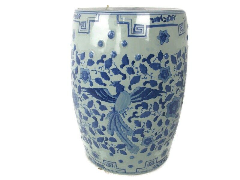 Vintage Chinese Porcelain  Garden Stool Side Table Pedestal White Blue Chinoiser