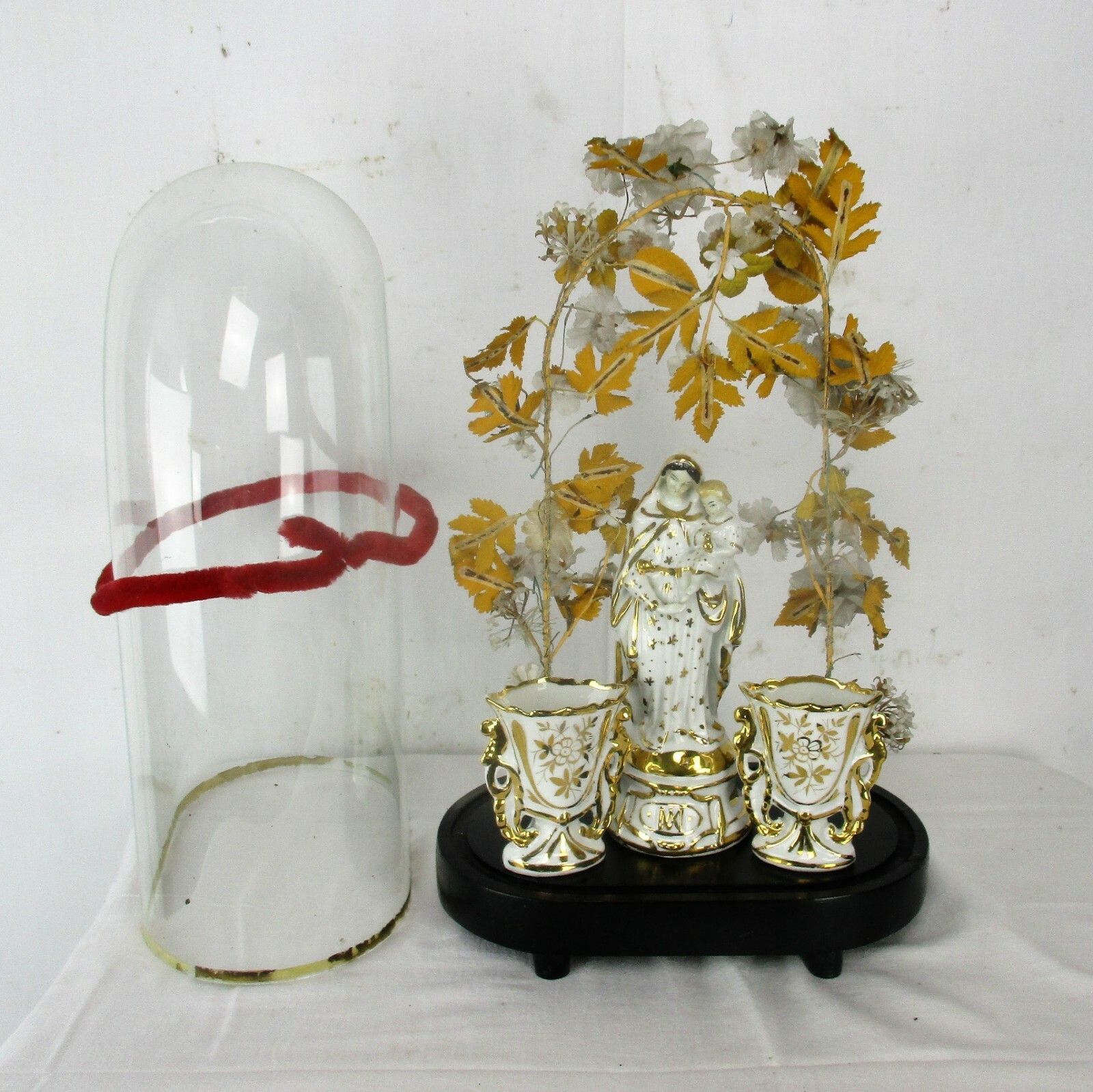 Antique Victorian French Bridal Wedding Dome Vieux Paris Madonna Fan Flair Vases