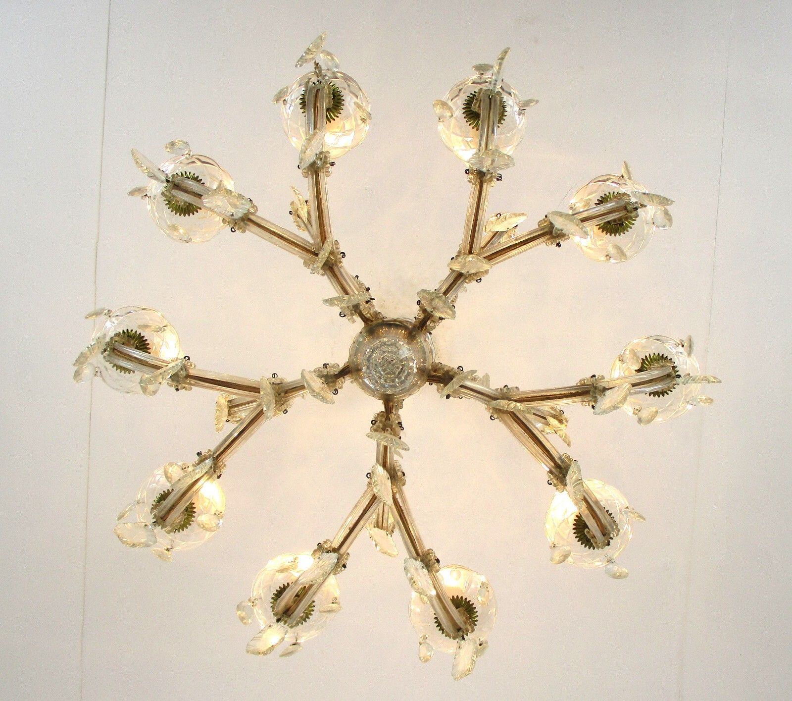 Chandelier 10 Arms Lights Brass Christal  Prisms Hollywood Regency Marie Therese photo vintage