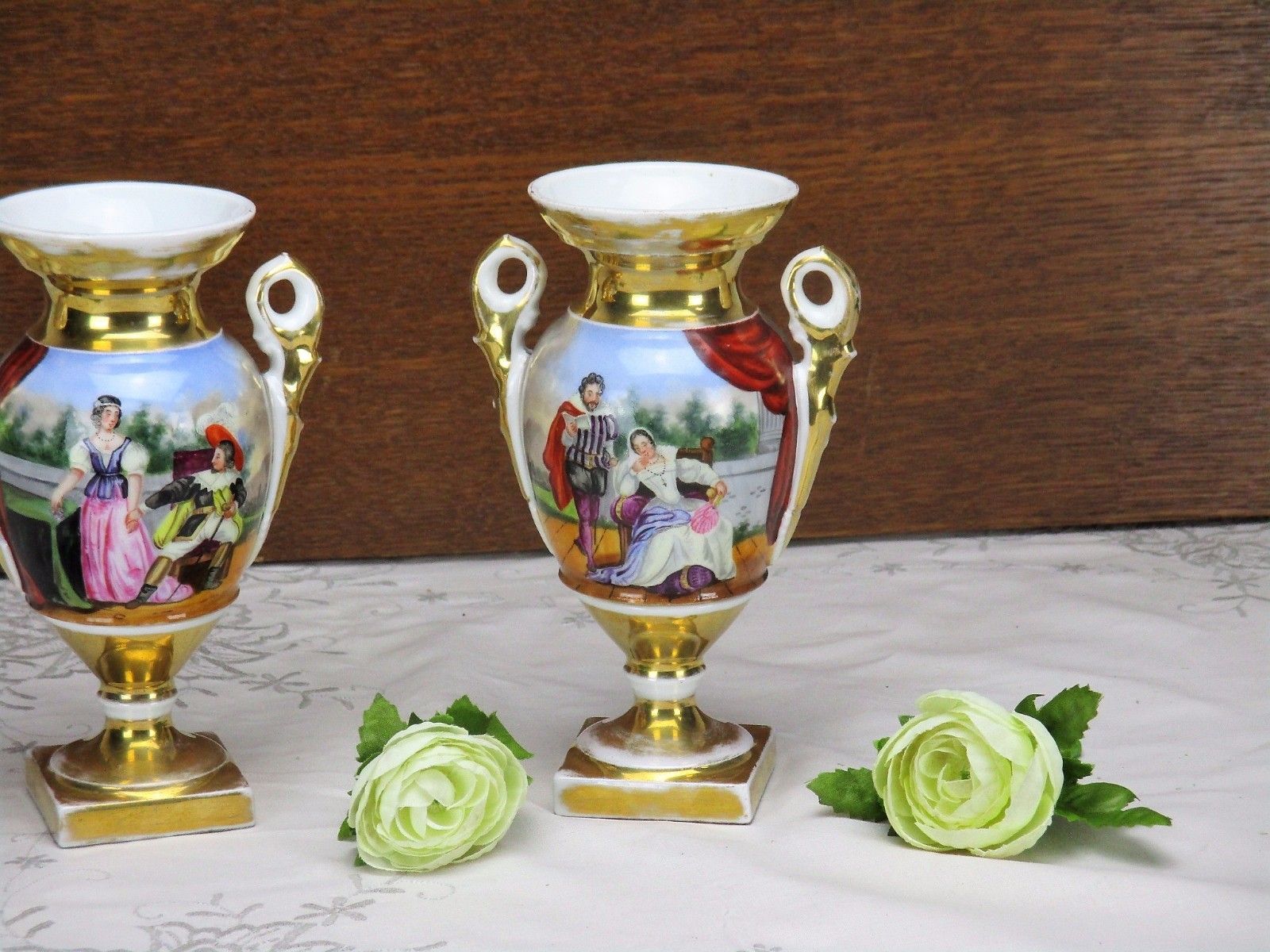 Couple Antique Vieux Paris Porcelain Vases French Landscape France photo for sale