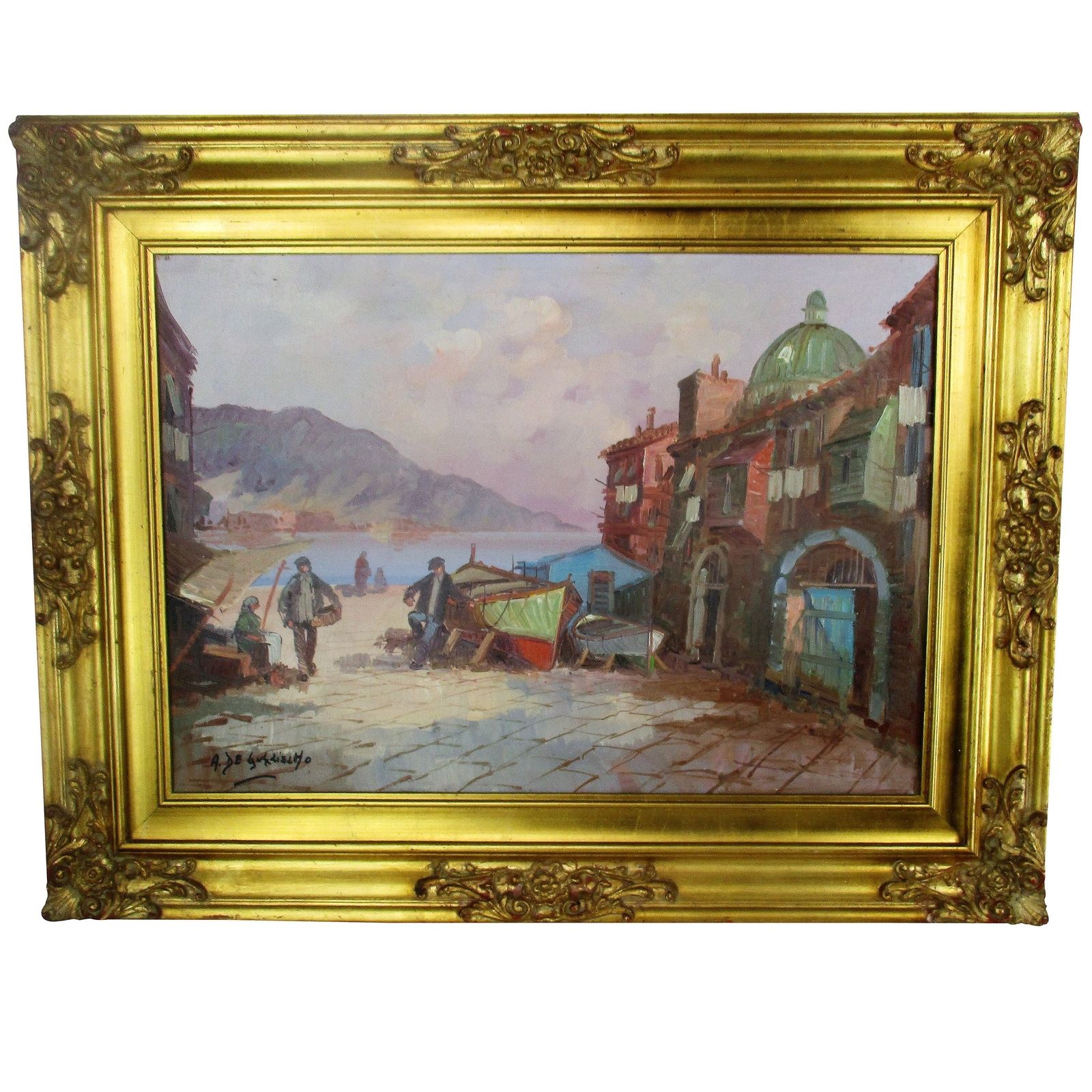 A. De Gugliemo Italian Fisherman Village Boats Lovely Xl Oil Painting Canvas Fra