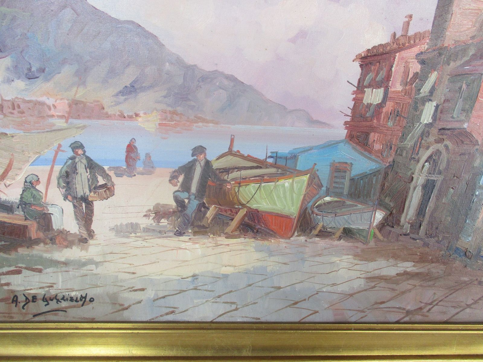 A. De Gugliemo Italian Fisherman Village Boats Lovely Xl Oil Painting Canvas Fra photo 404.0