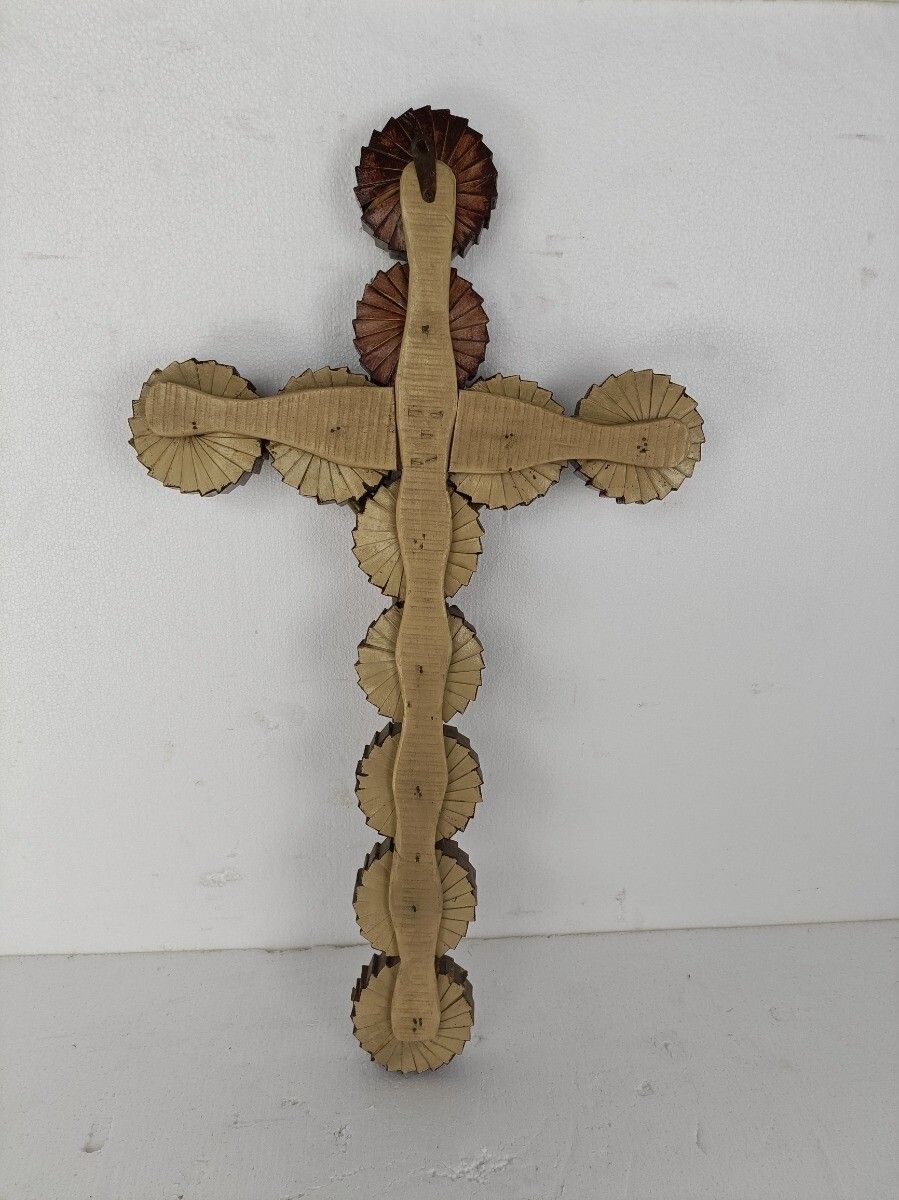 Large Hanging Wooden Wall Crucifix Cross Folk Tramp Art Htf Brass  Corpus photo vinterior