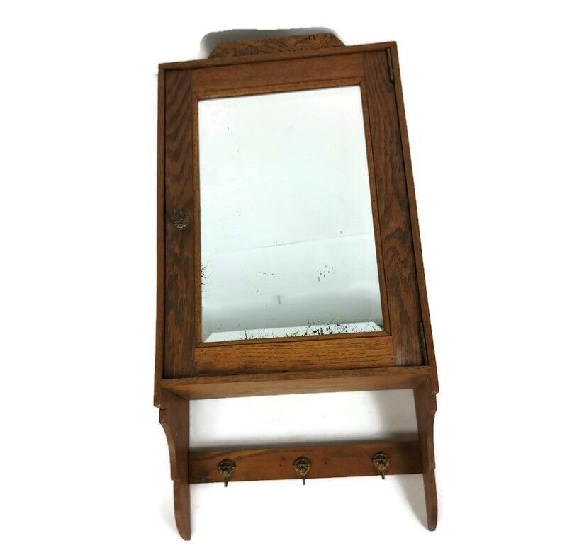 Antique Medicine Apothecary, Pharmacy, Cabinet, Beveled Glass,  Hooks Pediment O