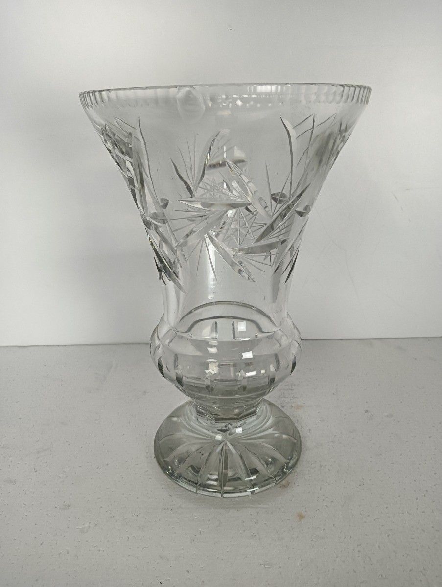 Large Vintage Beautiful Cut To Clear Etched Glass Vase photo buy