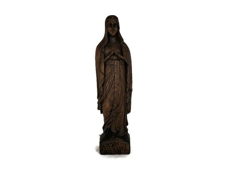 Vintage Statue Figurine Hand Carved Wood Virgin Mary Madonna Signed Van Den Abee