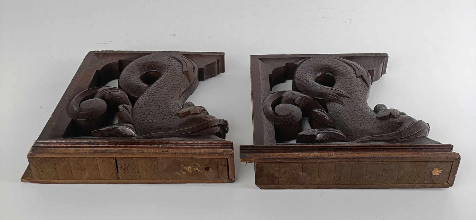 Home Decor Antique Pair Corbels Hand Carved Wood Mythological Fish Architectural Reclaimed photo