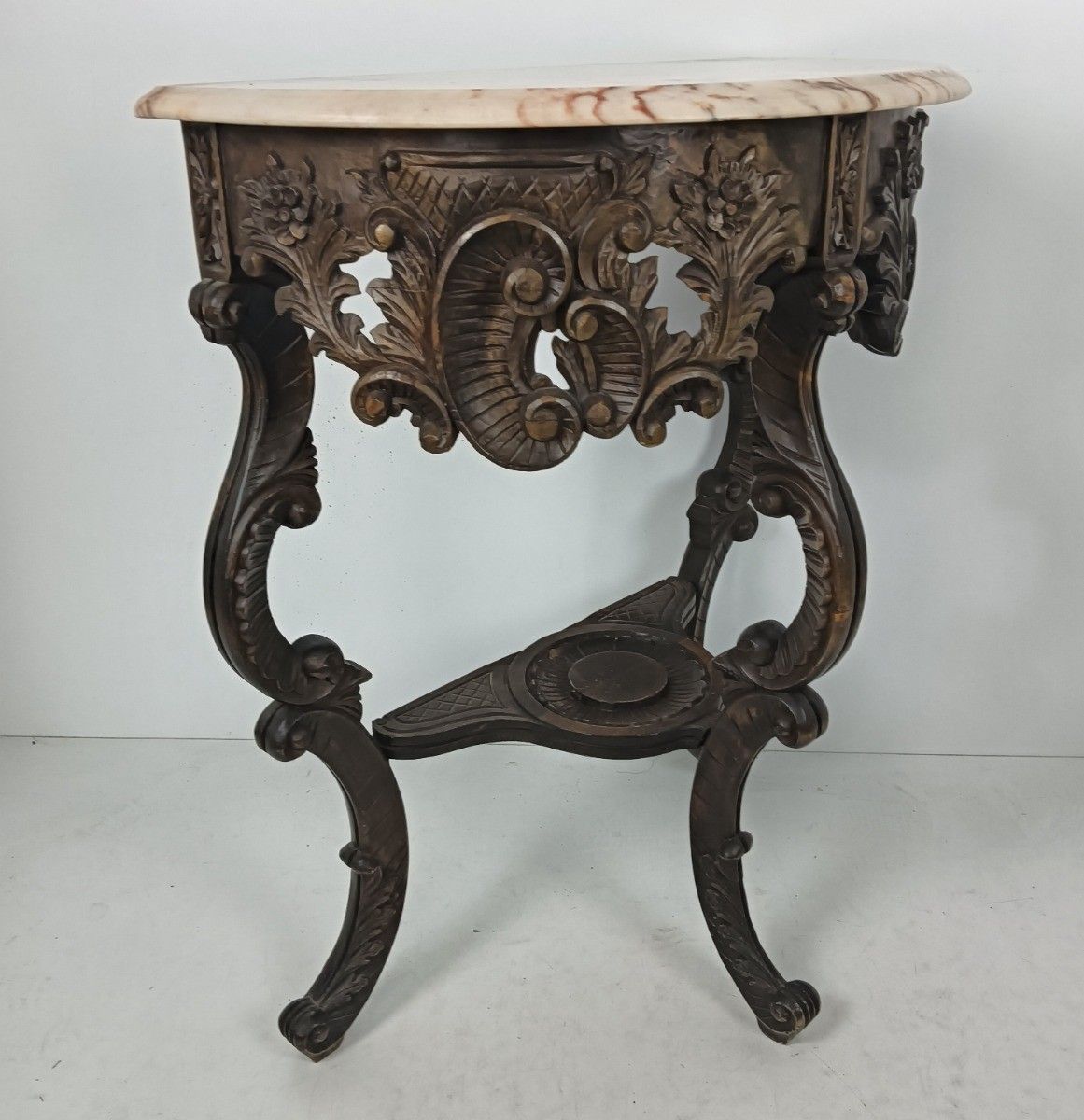 photo vinterior Stunning Carved Wooden Console Wall End Table Hallway Marble Top Antique Wow