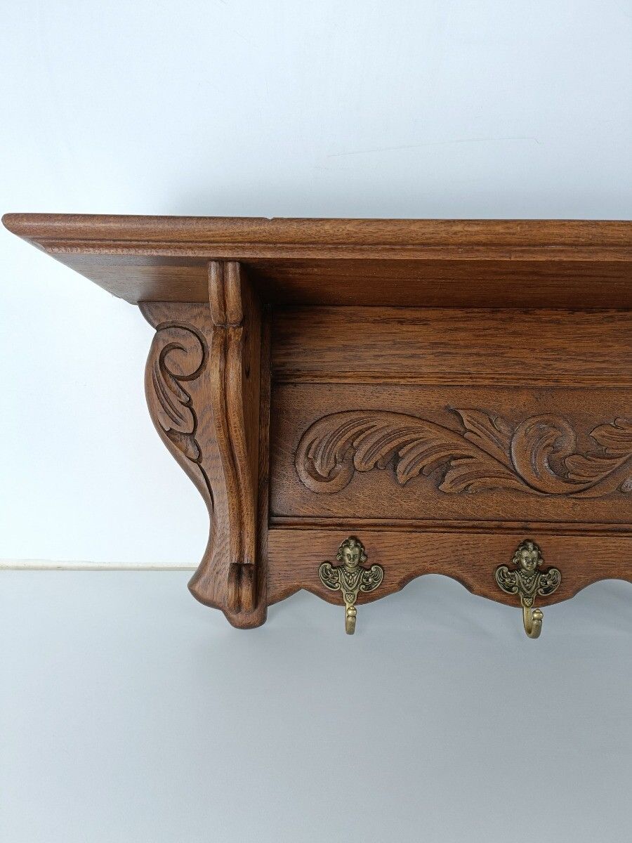 Antique Carved Wood Coat Kitchen Hat Rack Hand Carved Wood Oack Angel Hooks photo 323.0