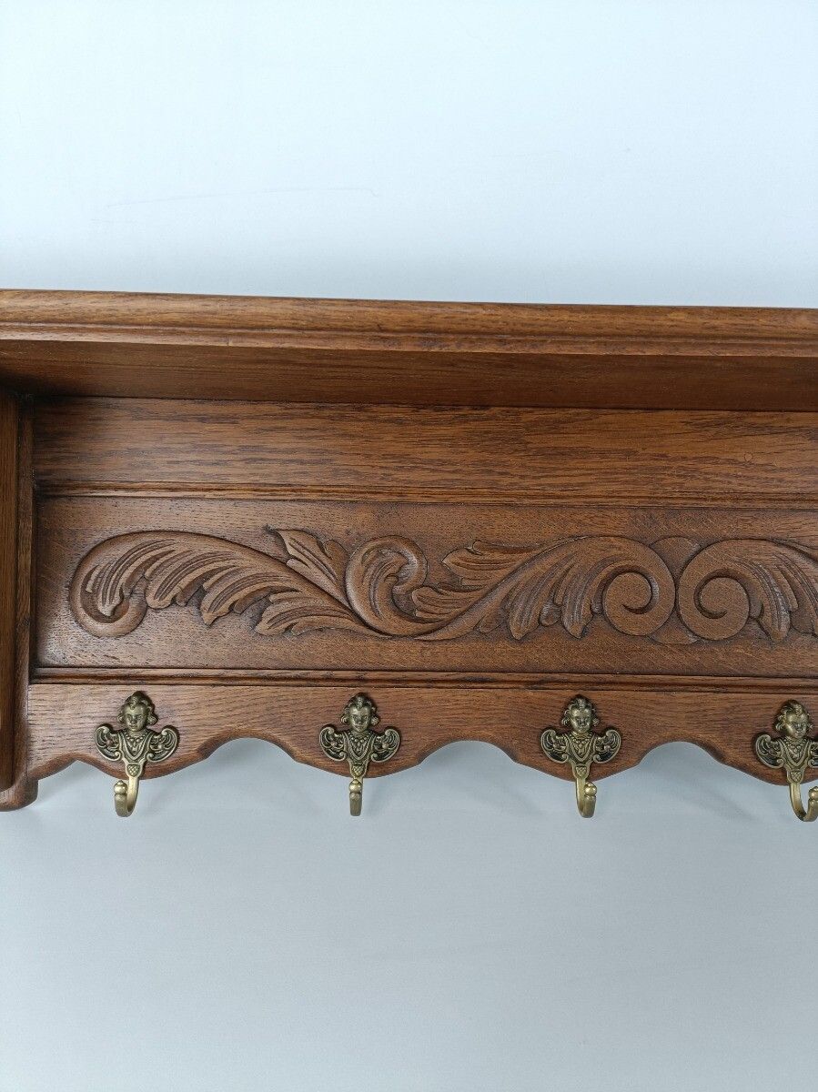 Antique Carved Wood Coat Kitchen Hat Rack Hand Carved Wood Oack Angel Hooks photo vinterior