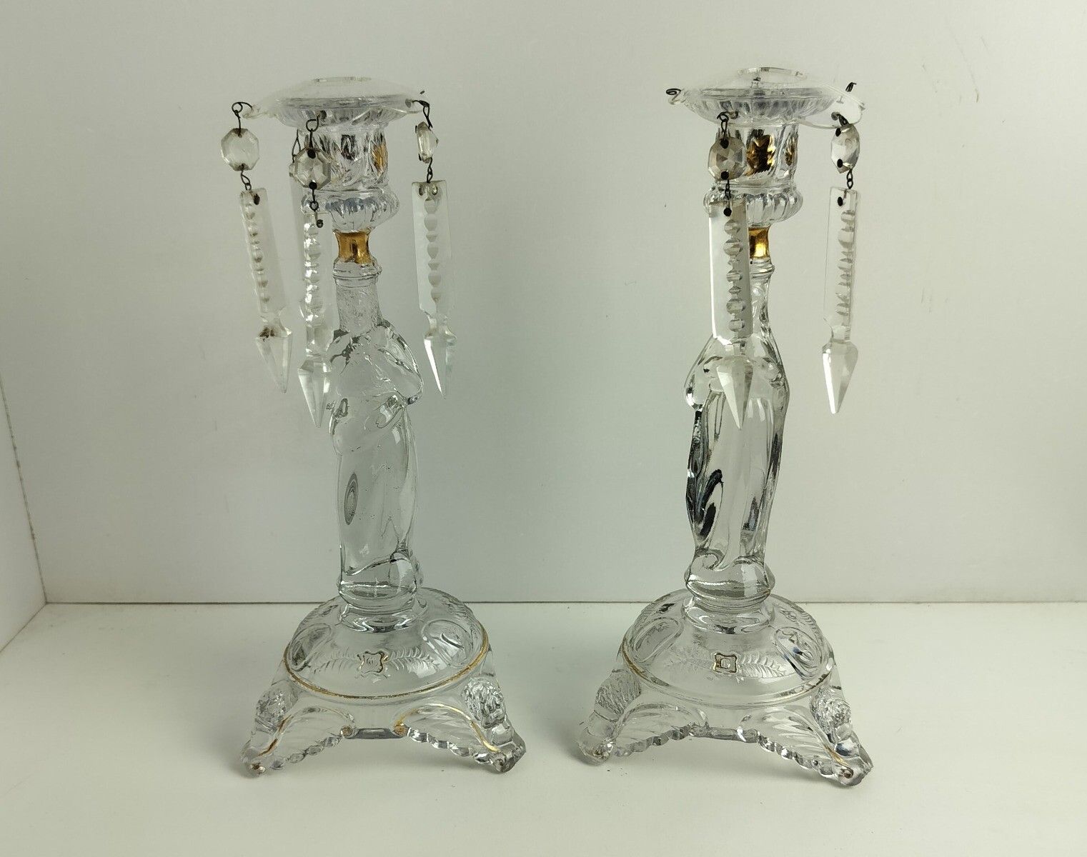 Couple Candle Holders Art Glass Gold Touches  Holy Heart Virgin Mary Christ Pris
