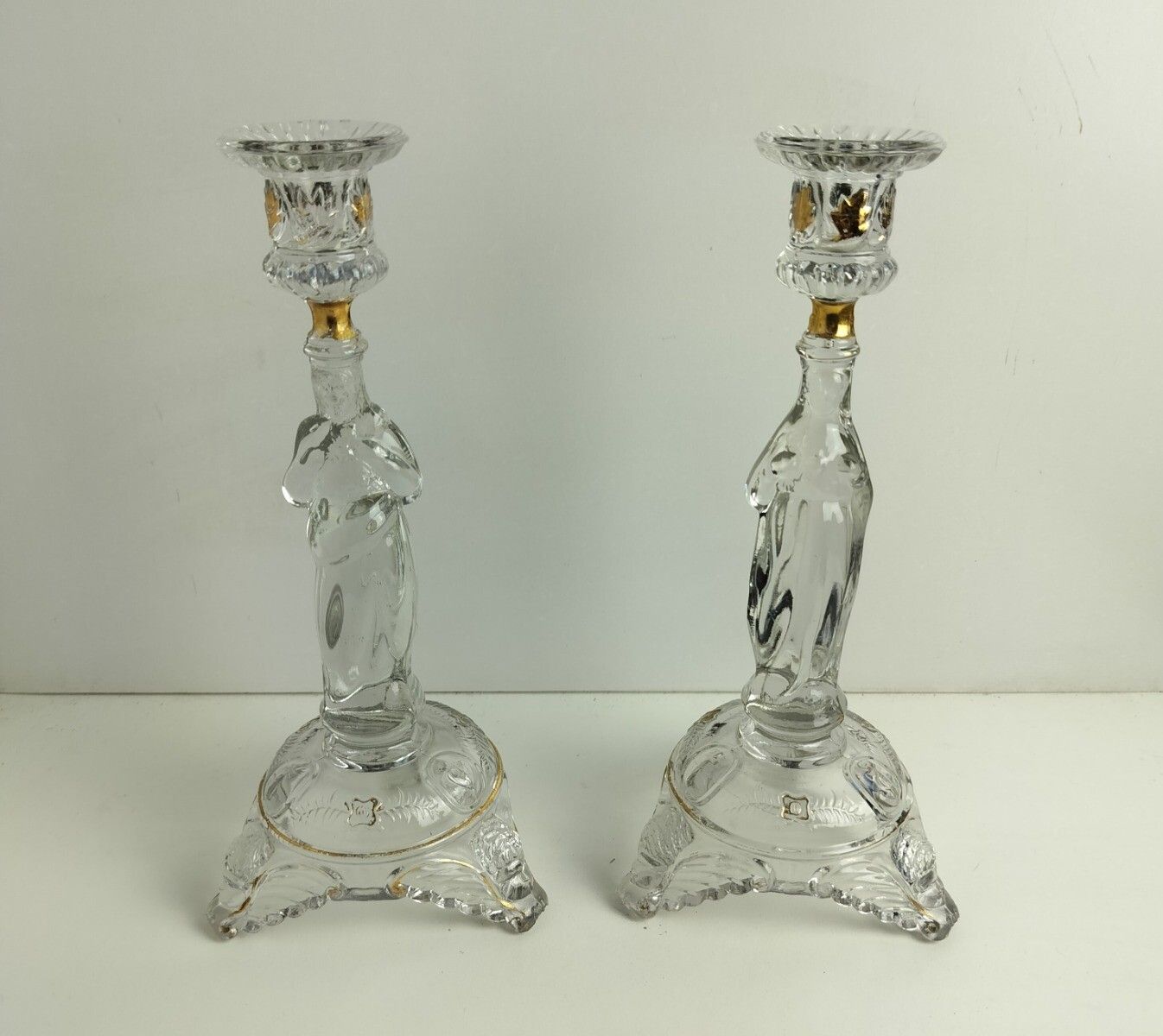 Couple Candle Holders Art Glass Gold Touches  Holy Heart Virgin Mary Christ Pris photo for sale