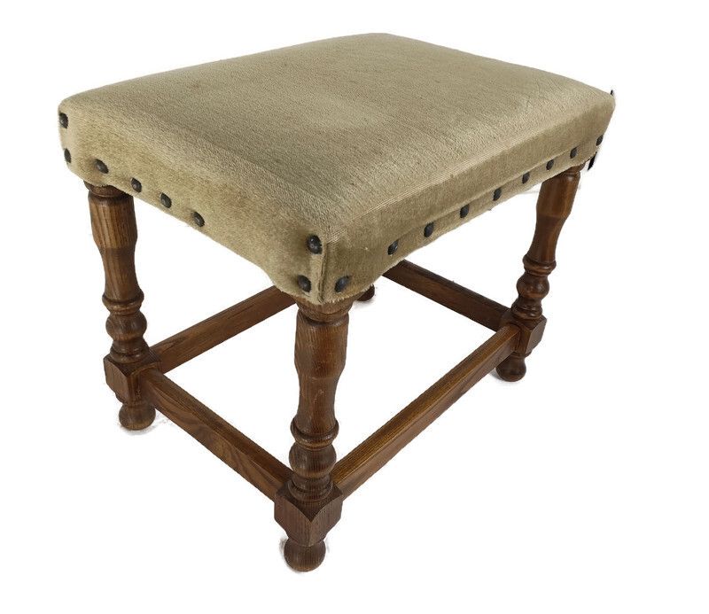 Footstool Ottoman Wooden Legs Green Fabric  Hobnails Mid Century Modern Vintage
