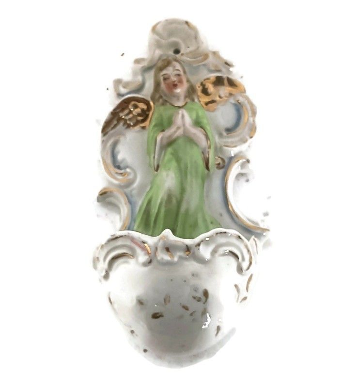 Holy Water Font Vessel Porcelain Antique Neo Gothic Angel Green  Wall Hanging Lo