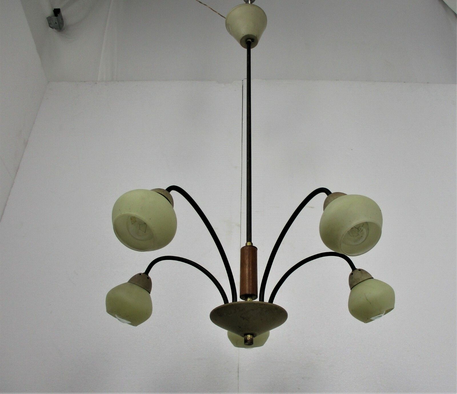 Mid Century Danish Modern Spider Chandelier Wood  Glass Shades  5 Lights photo furniture