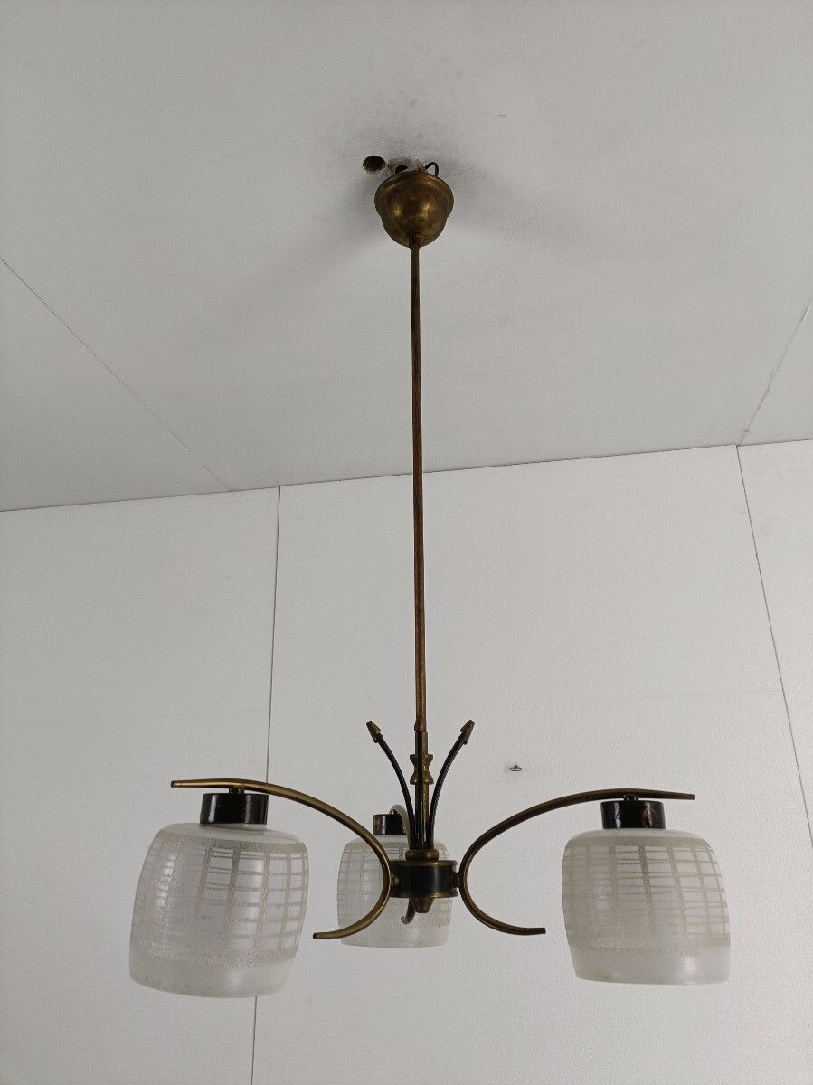 Chandelier Fixture 3 Arm 3 Lights Vintage Stilnovo Style Retro  Brass Glass Shad photo 404.0