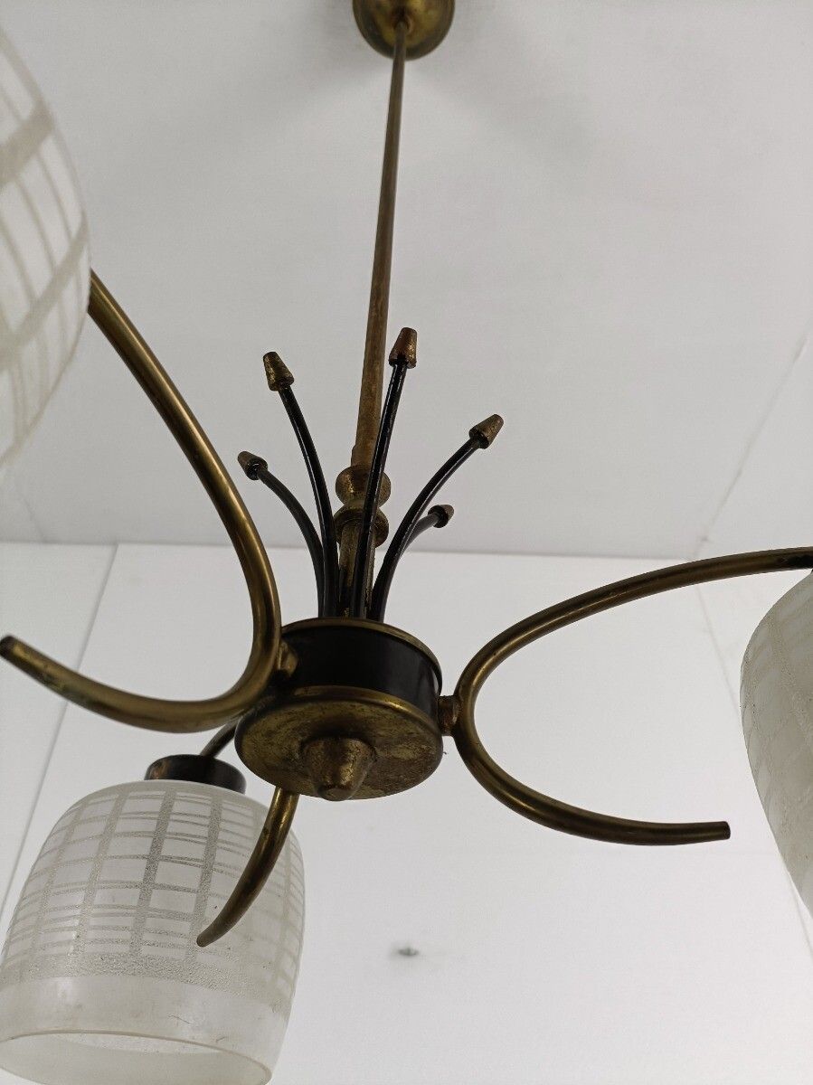 Chandelier Fixture 3 Arm 3 Lights Vintage Stilnovo Style Retro  Brass Glass Shad photo buy