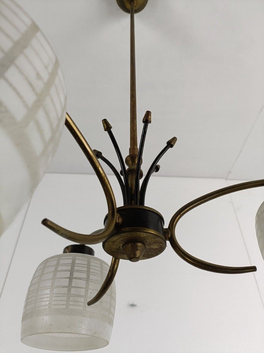 Chandelier Fixture 3 Arm 3 Lights Vintage Stilnovo Style Retro  Brass Glass Shad photo vintage