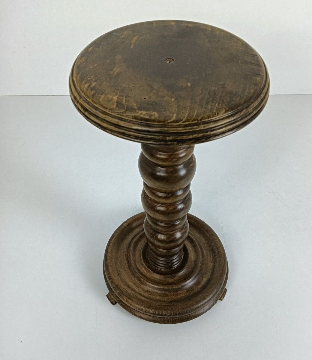 Vintage Bobbin Stem Pedestal Plant Stand Carved Wood Side Table Farmhouse Style photo for sale