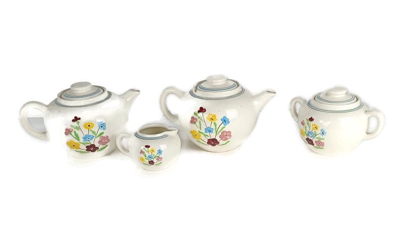 Set Of 4 Ceramic Tea Coffee Pot Sugar Bowl Milk Jar France Salins Feu D'artifice