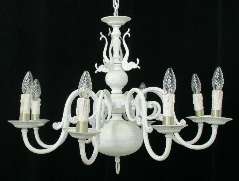White Vintage Flemish Dutch  Chandelier 8  Arm Lights Barn Country Farmhouse