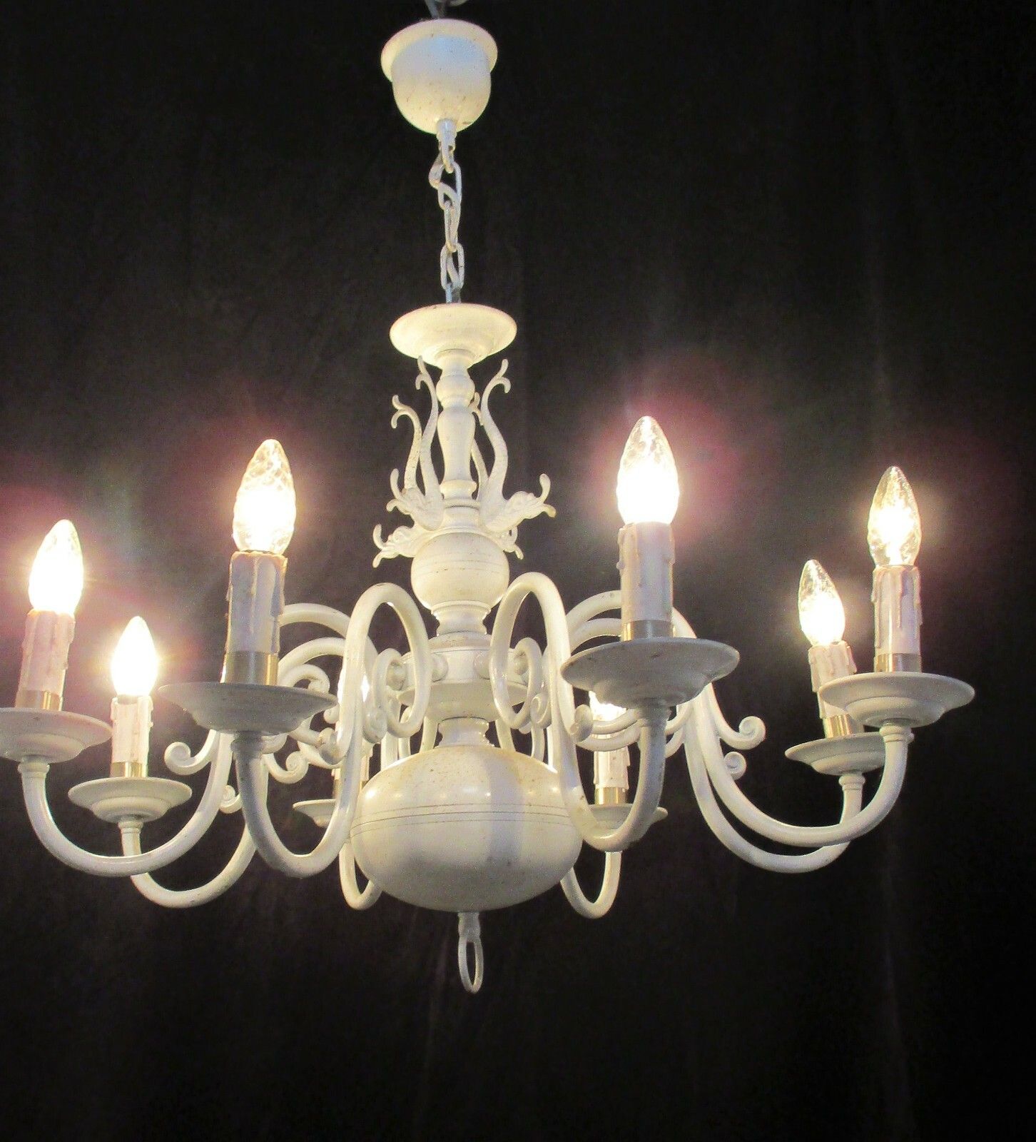 White Vintage Flemish Dutch  Chandelier 8  Arm Lights Barn Country Farmhouse photo vintage