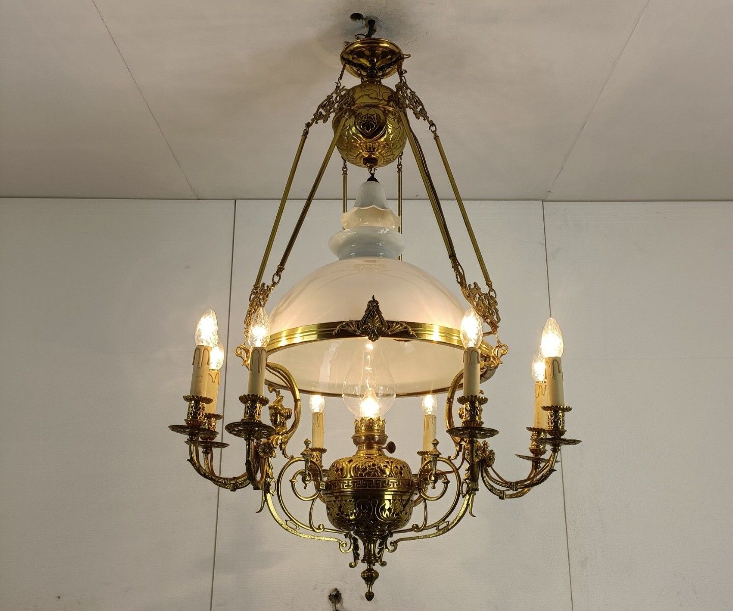 Art Nouveau Xl Chandelier Bronze Dore Copper Opanine Glass Shade 10 Lights photo furniture