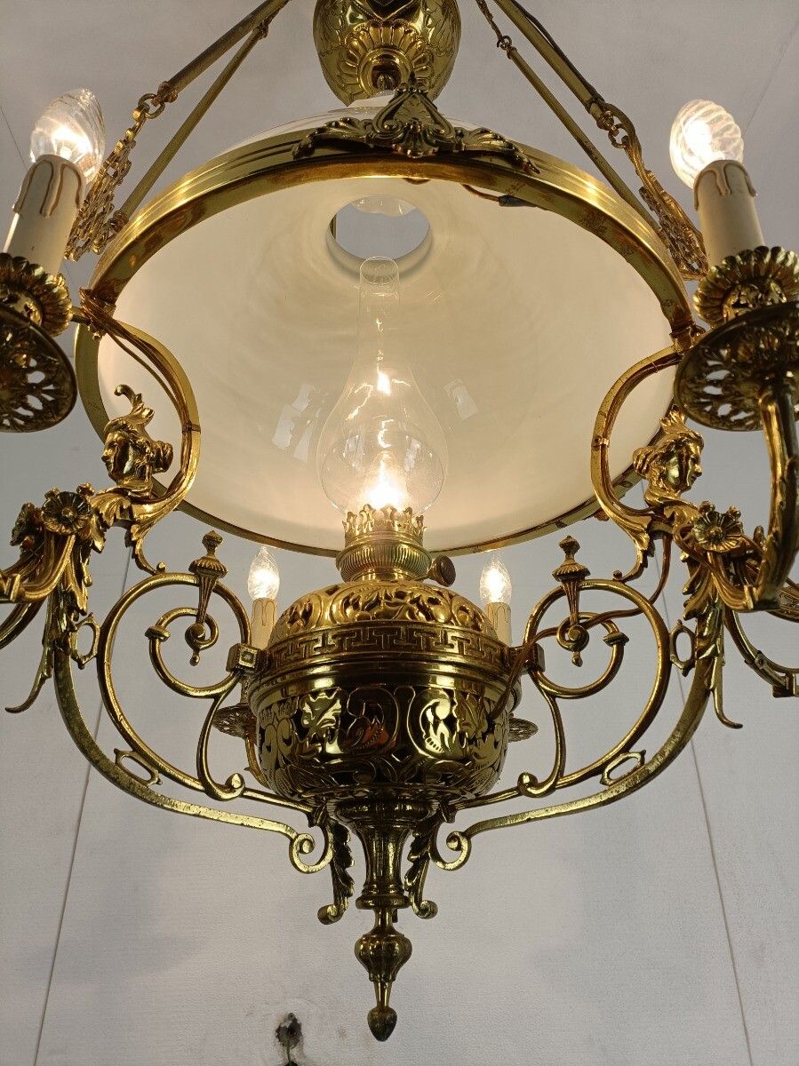 Art Nouveau Xl Chandelier Bronze Dore Copper Opanine Glass Shade 10 Lights photo buy