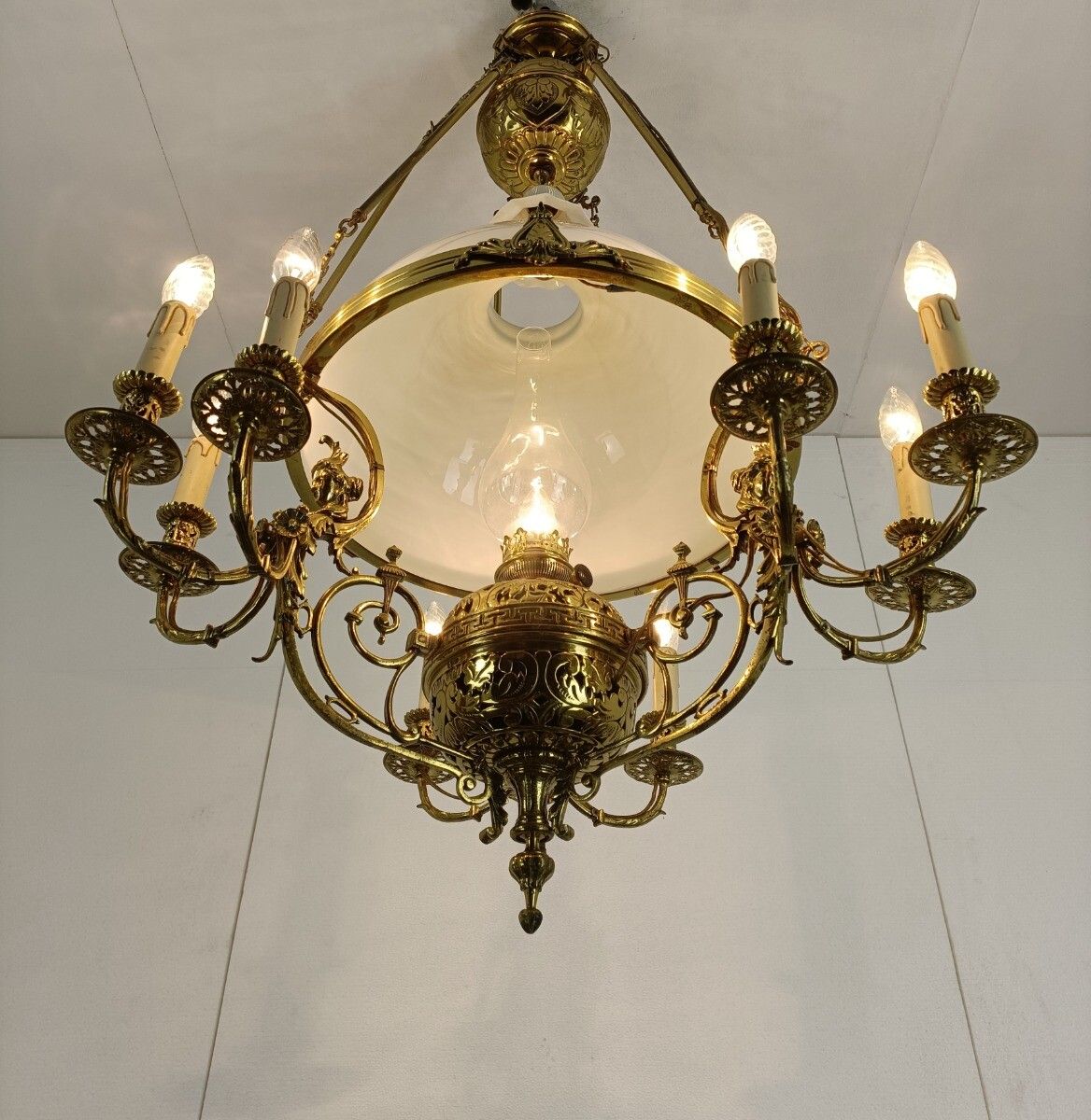 Art Nouveau Xl Chandelier Bronze Dore Copper Opanine Glass Shade 10 Lights photo vintage